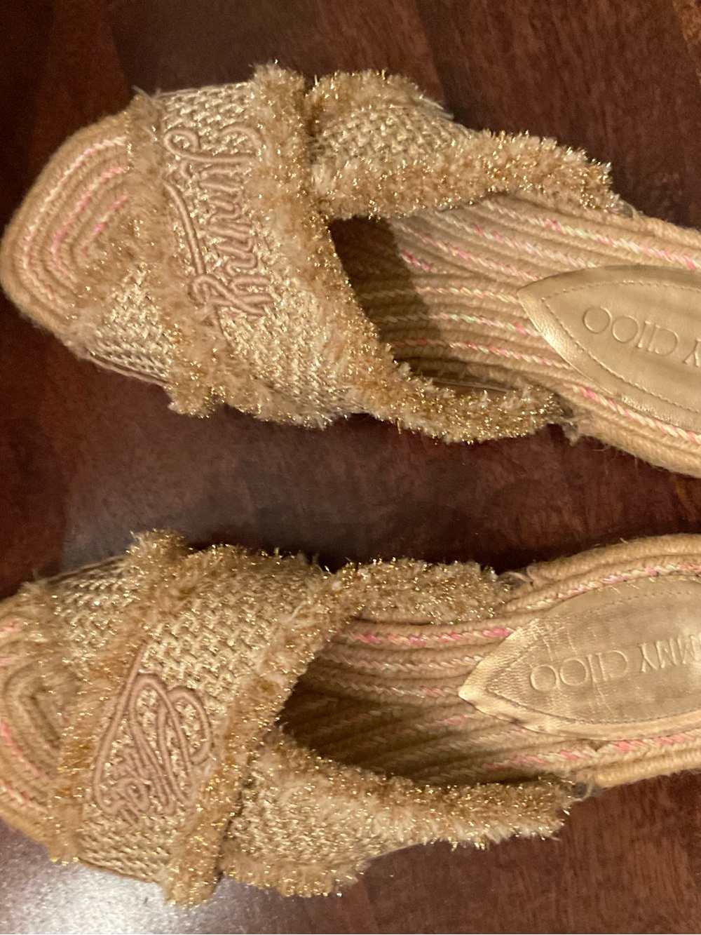 Jimmy Choo Gold Sparkle Knit Slide Sandals